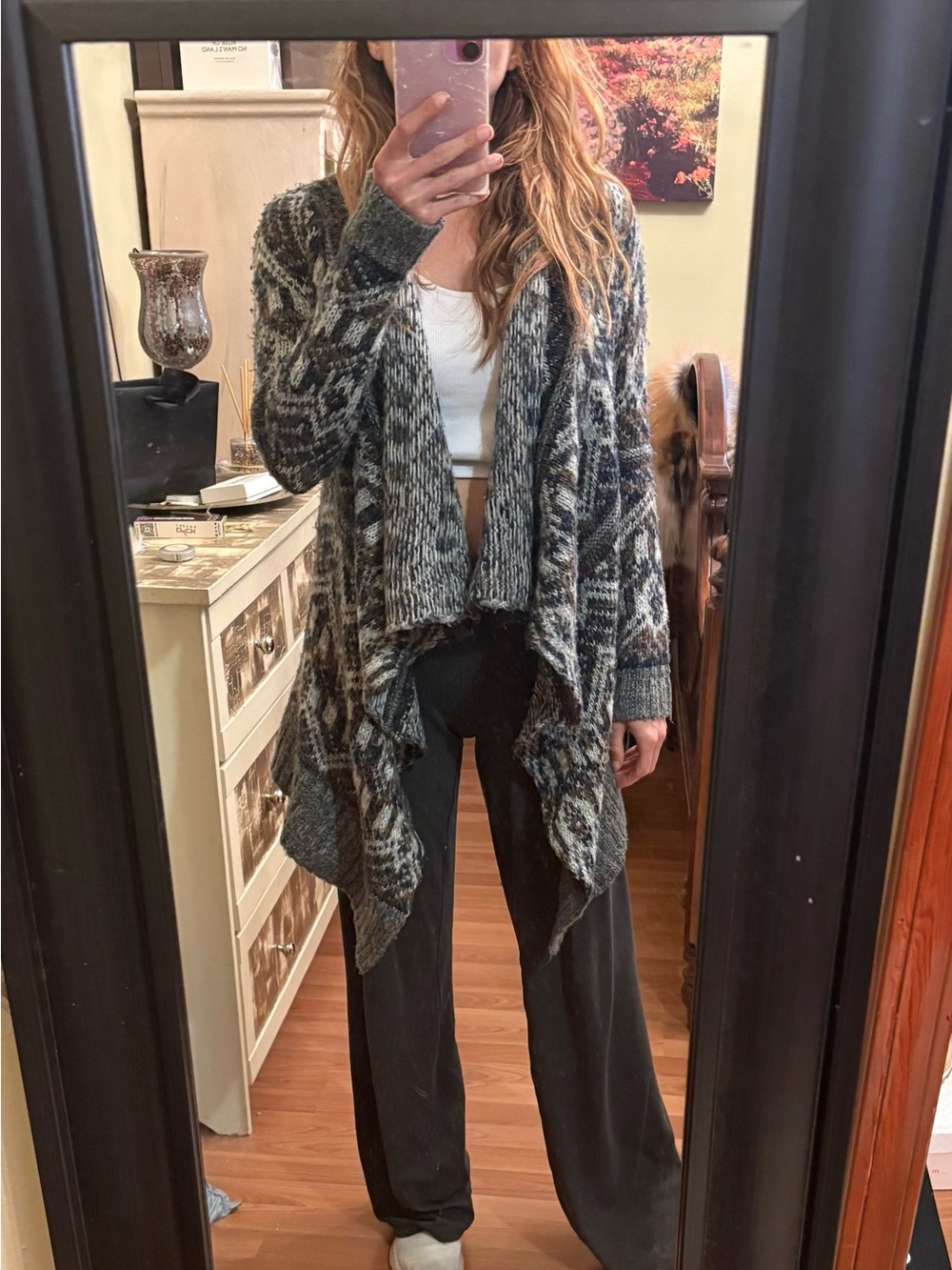 Cozy Open-Front Lebowski Patterned Knit  Sweater Size S